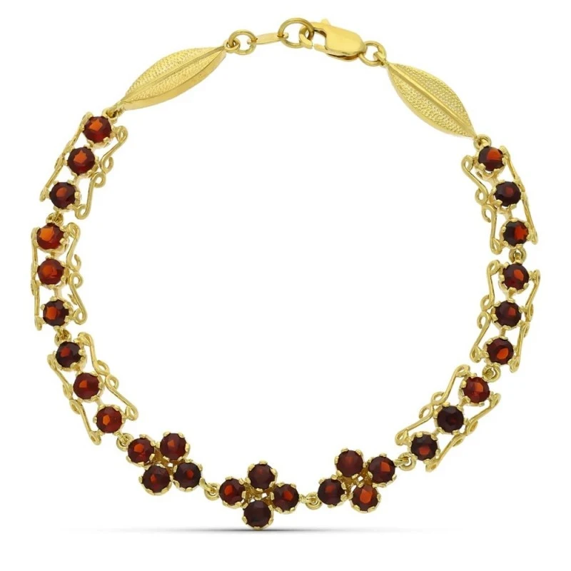 Pulsera Oro 18k piedras granate hojas