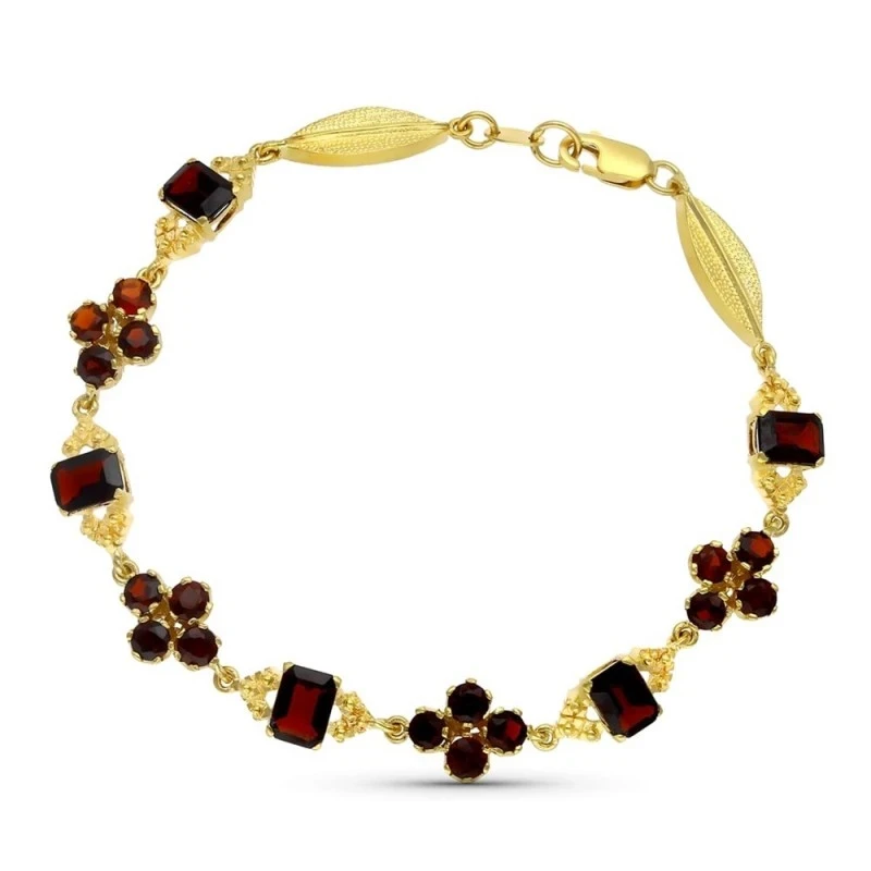 Pulsera Oro 18k piedras granate circulares rectangulares hojas