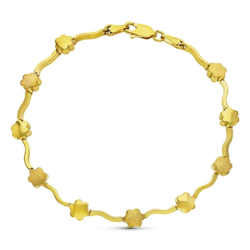 Pulsera Oro 18k mate brillo motivo flores eslabones ondas