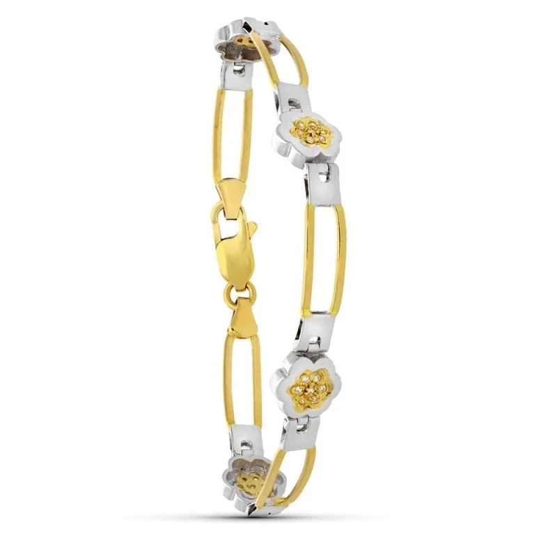 Pulsera Oro 18k bicolor motivo flores circonitas eslabones barritas