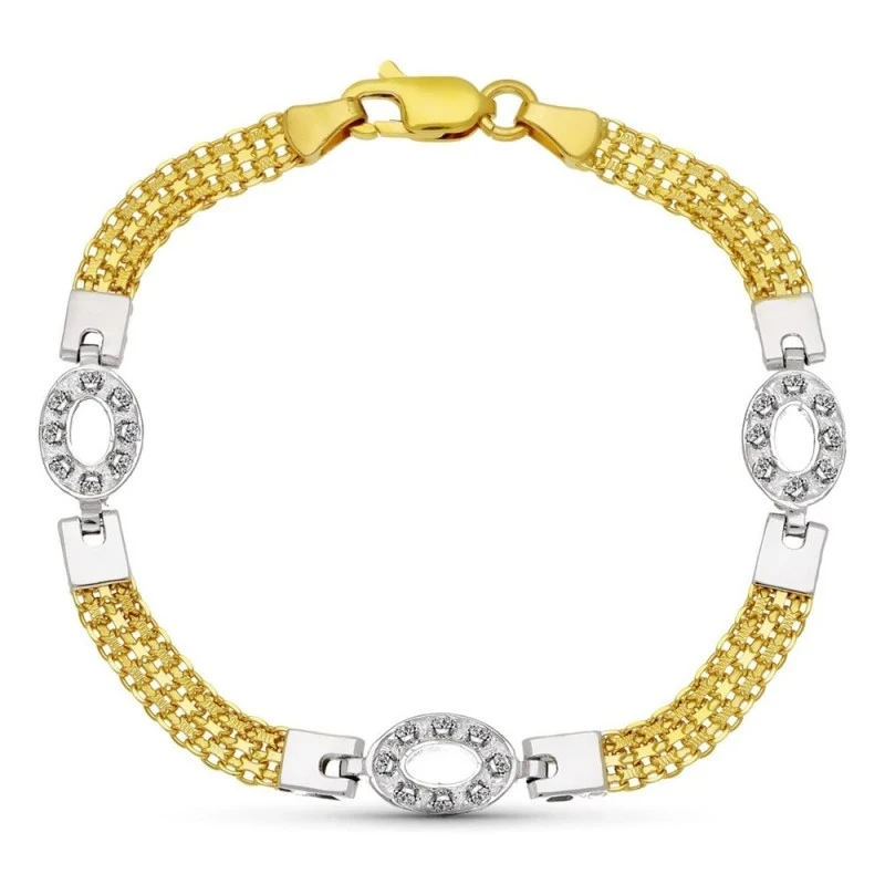 Pulsera Oro 18k bicolor maya oval eslabones circonitas