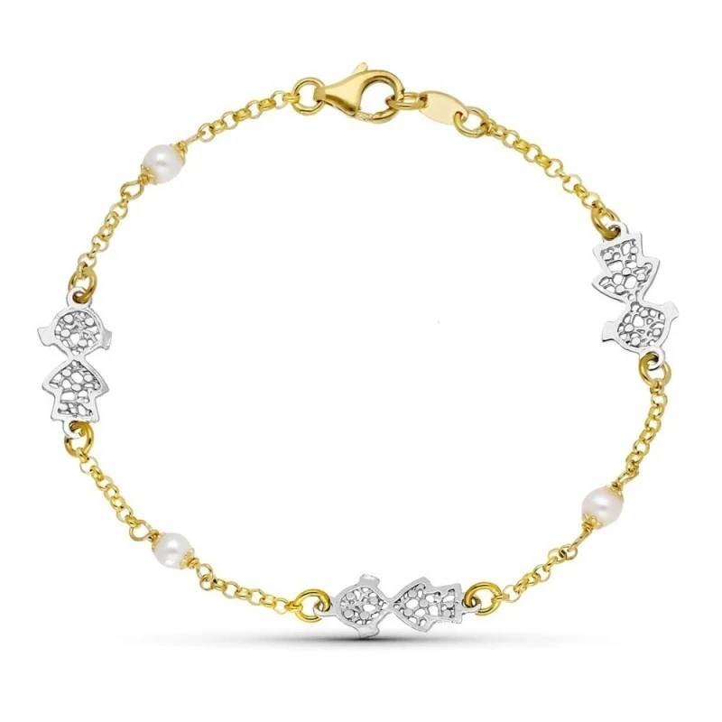 Pulsera Oro 18k bicolor 18 cm. niña calada perlas