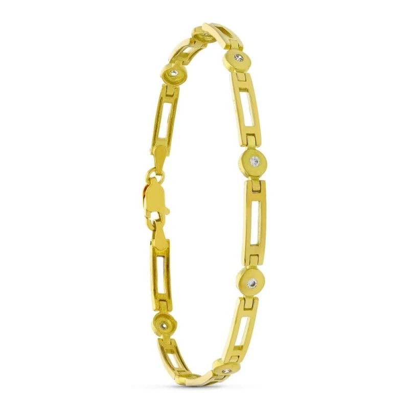 Pulsera Oro 18k mate brillo círculos circonita eslabones rectángulos