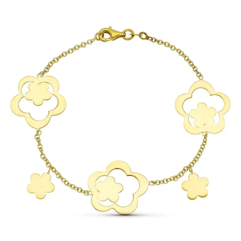 Pulsera Oro 18k motivo flores lisas cadena rolo