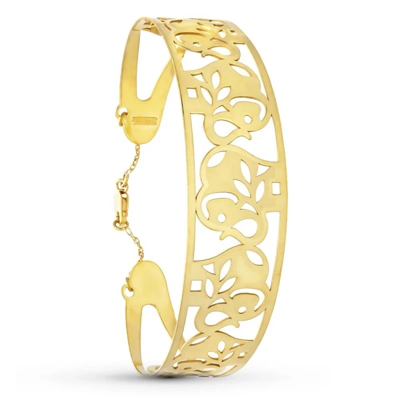 Pulsera Oro 18k rígida motivo elefantes detalles calados brazalete
