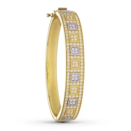 Pulsera Oro 18k bicolor rígida circonitas cuadrados brazalete
