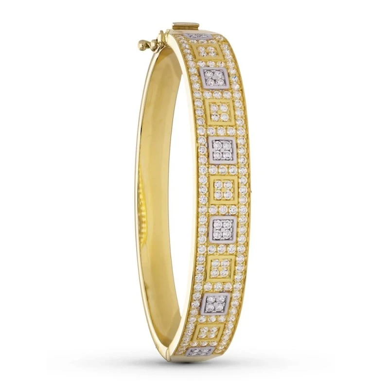 Pulsera Oro 18k bicolor rígida circonitas cuadrados brazalete