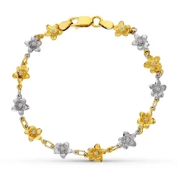 Pulsera Oro 18k motivo flores 18.5 cm. bicolor circonitas