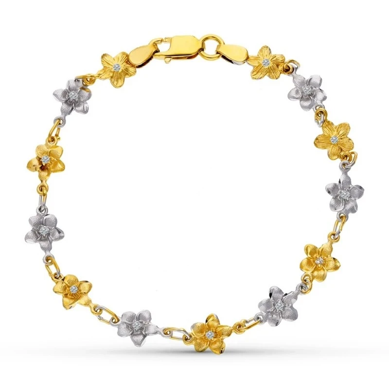 Pulsera Oro 18k motivo flores 18.5 cm. bicolor circonitas