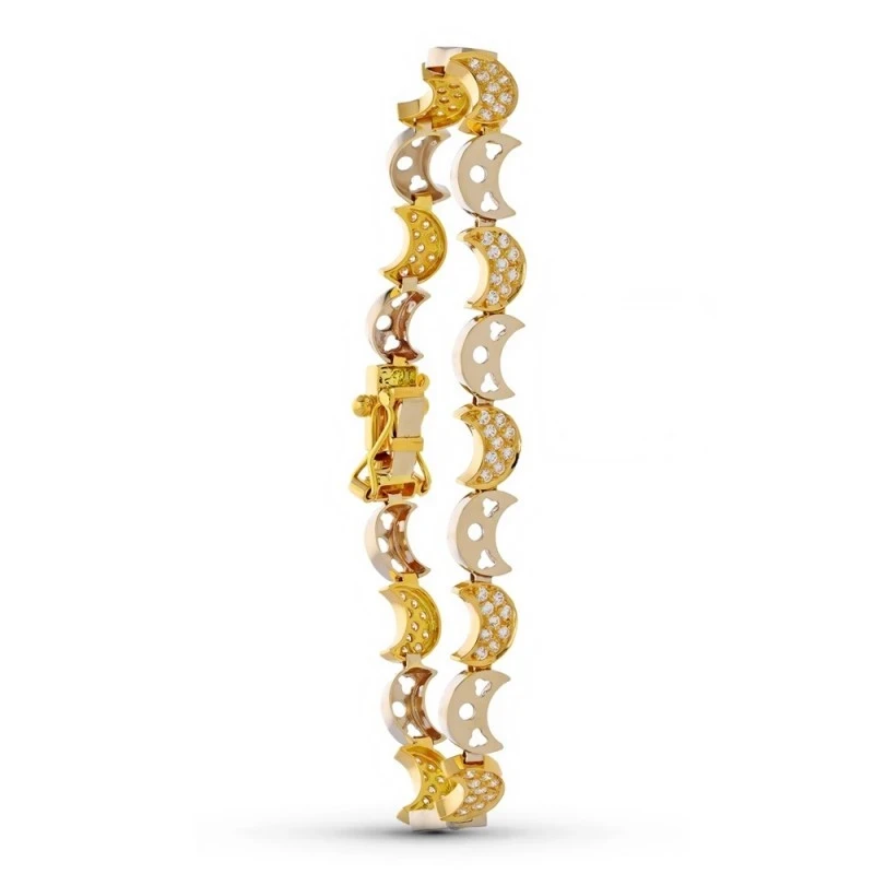 Pulsera Oro 18k bicolor medias lunas circonitas dibujos calados