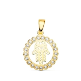 Mano de Fátima Colgante Oro 18k calado amuleto 15 mm. aro circonitas