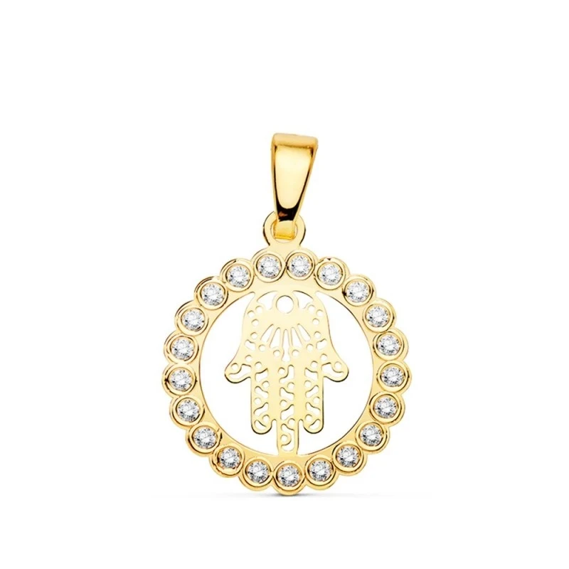 Mano de Fátima Colgante Oro 18k calado amuleto 15 mm. aro circonitas