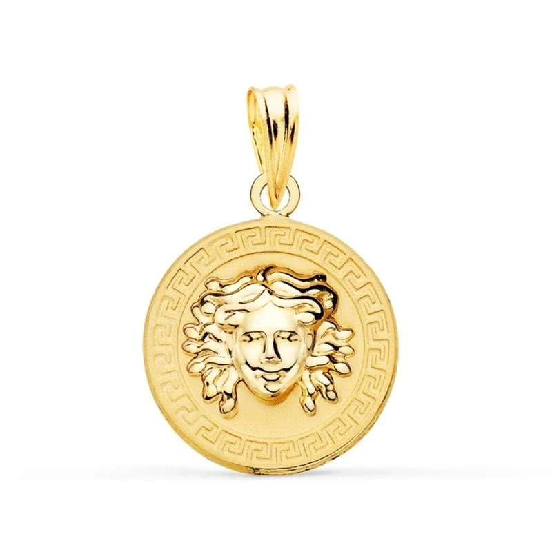 Colgante Oro 18k Gorgona 15 mm. brillo cenefa greca matizada
