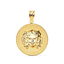 Colgante Oro 18k Gorgona 20 mm. relieve brillo cenefa greca matizada