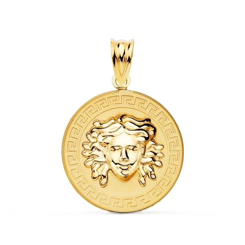 Colgante Oro 18k Gorgona 20 mm. relieve brillo cenefa greca matizada
