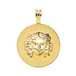 Colgante Oro 18k Gorgona 25 mm. relieve brillo cenefa greca matizada