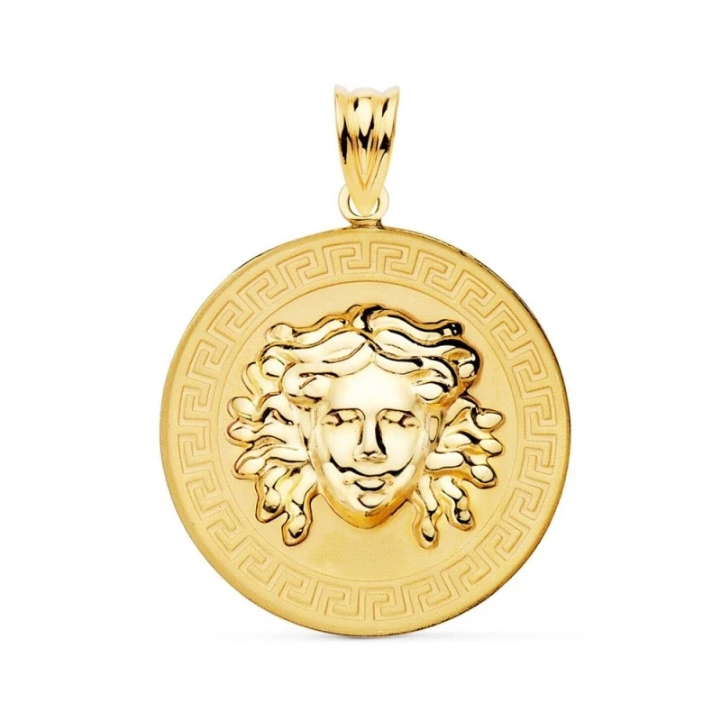 Colgante Oro 18k Gorgona 25 mm. relieve brillo cenefa greca matizada