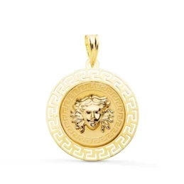 Colgante Oro 18k Gorgona 20 mm. relieve brillo cenefa greca matizada