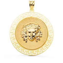 Colgante Oro 18k Gorgona 33 mm. relieve brillo cenefa greca matizada