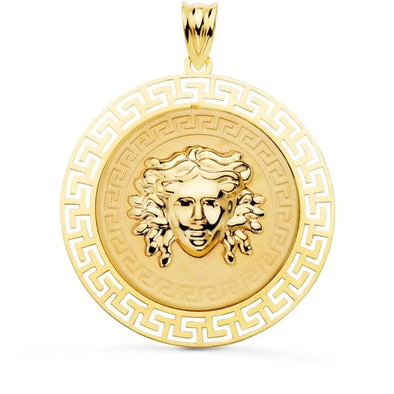 Colgante Oro 18k Gorgona 33 mm. relieve brillo cenefa greca matizada