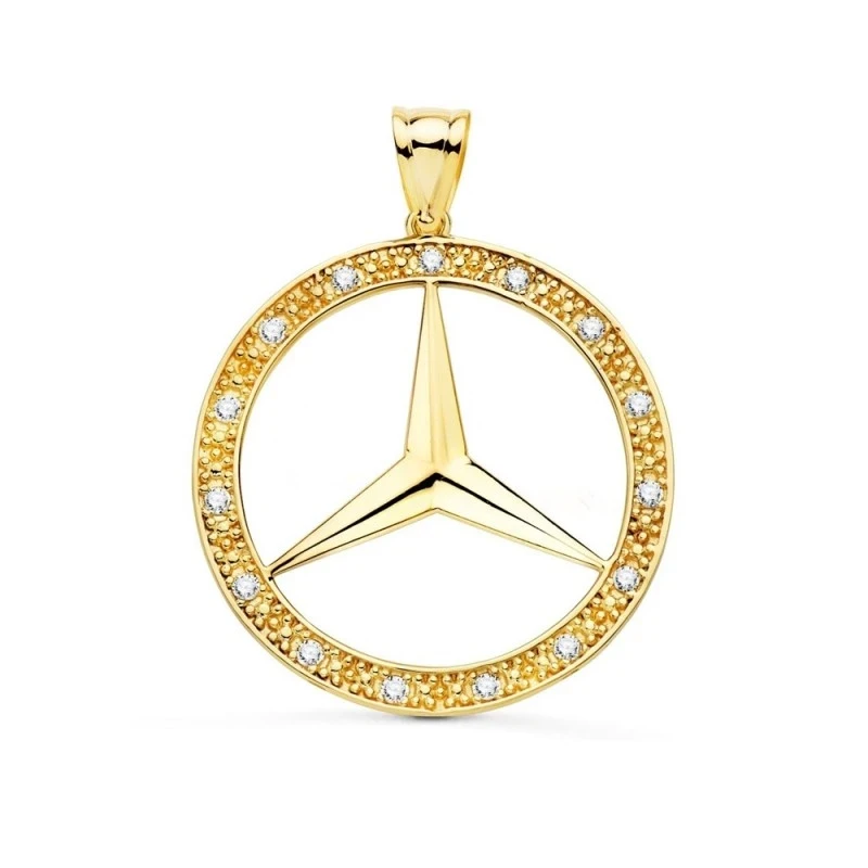 Colgante Oro 18k Estrella Tres Puntas 35 mm. brillo aro cerco circoni