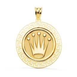 Colgante Oro 18k Corona 27 mm. brillo relieve borde cenefa greca mati