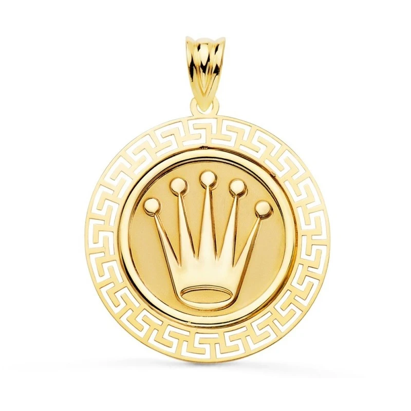 Colgante Oro 18k Corona 27 mm. brillo relieve borde cenefa greca mati