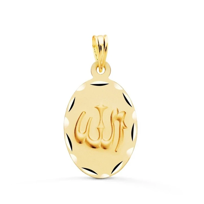 Colgante Oro 18k ALLAH ES GRANDE medalla 22 mm. oval matizada bordes