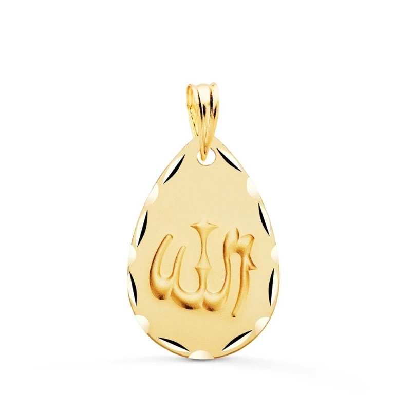 Colgante Oro 18k ALLAH ES GRANDE medalla 21 mm. oval forma gota matiz