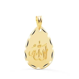 Colgante Oro 18k ALLAH ES GRANDE medalla 21 mm. oval forma gota matiz