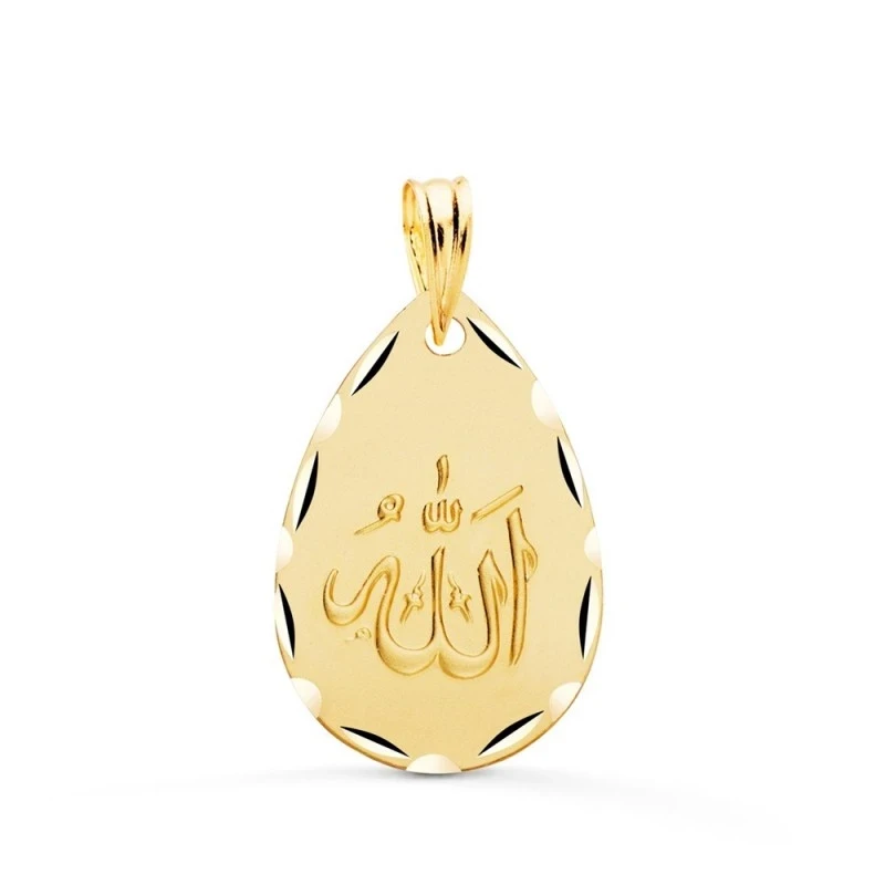 Colgante Oro 18k ALLAH ES GRANDE medalla 21 mm. oval forma gota matiz