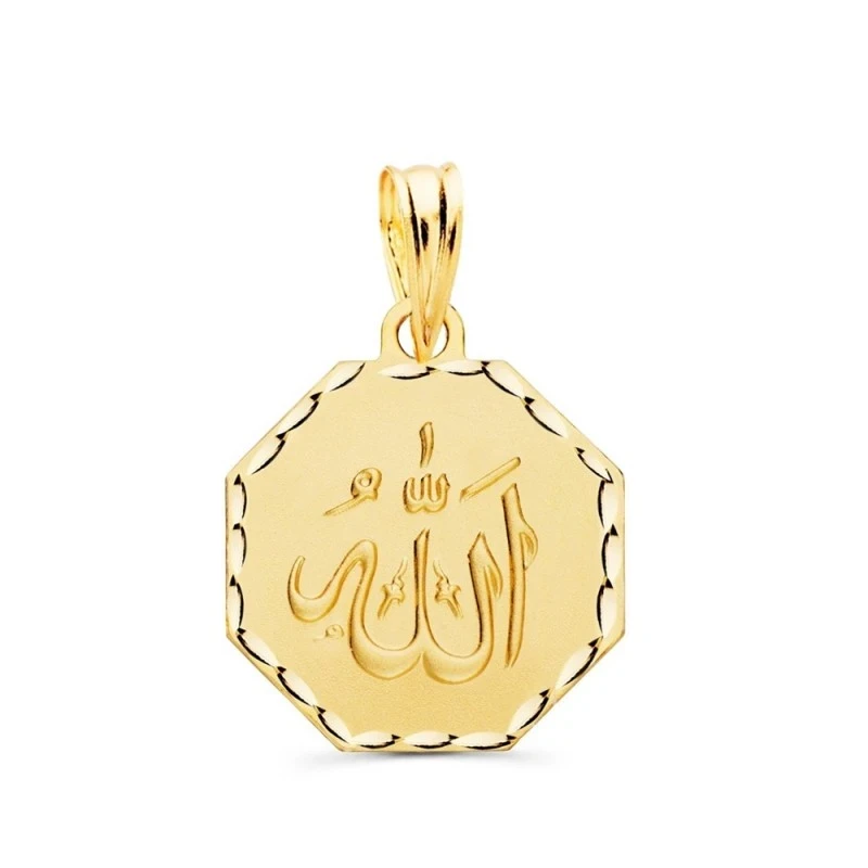Colgante Oro 18k ALLAH ES GRANDE medalla 15 mm. relieve octógono mati