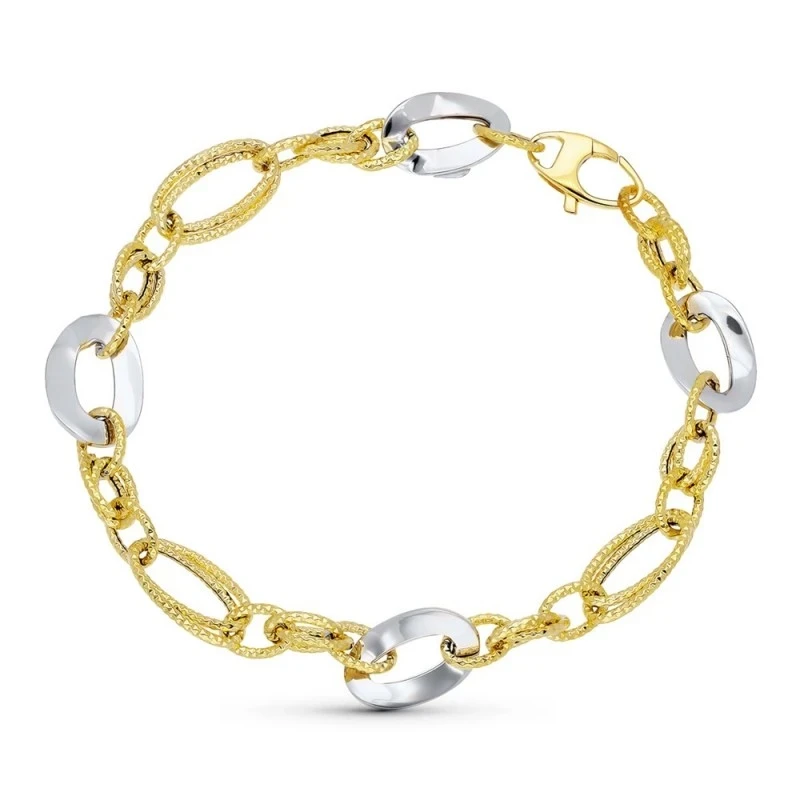 Pulsera Oro 18k bicolor eslabones ovalados lisos combinados