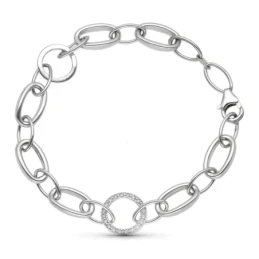 Pulsera Oro 18k blanco 18.5 cm. motivo círculo circonitas eslabón ova