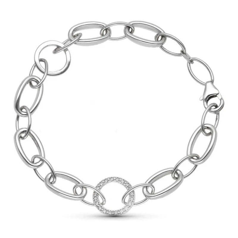 Pulsera Oro 18k blanco 18.5 cm. motivo círculo circonitas eslabón ova