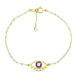 Pulsera Oro 18k motivo ojo circonita morada eslabones lisos tallados