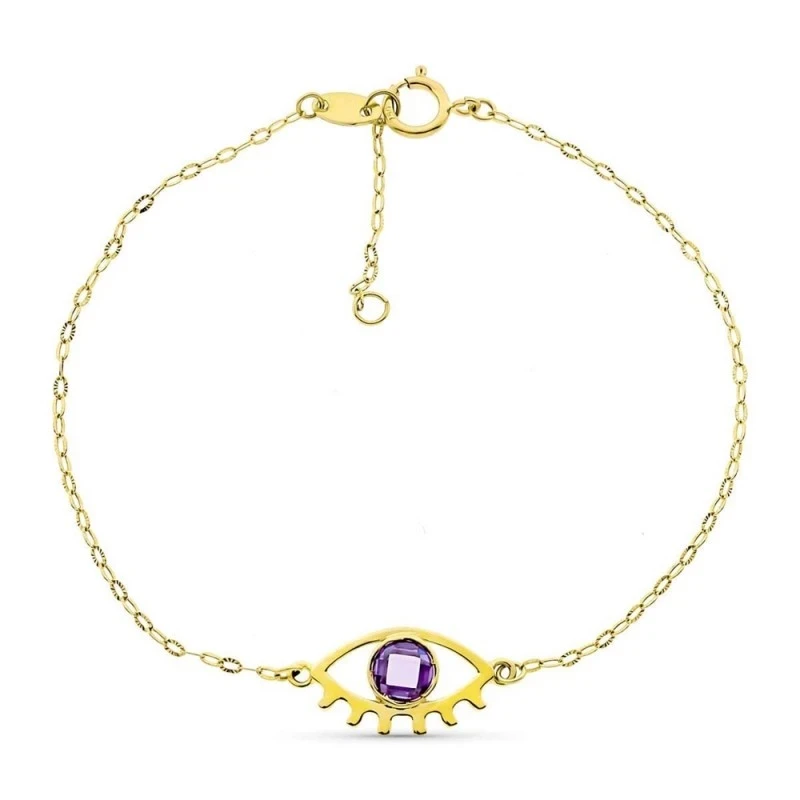 Pulsera Oro 18k motivo ojo circonita morada eslabones lisos tallados