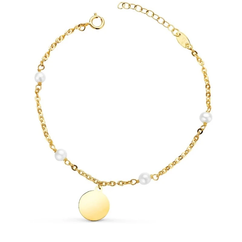 Pulsera Oro 18k chapa redonda disco 10 mm. perlas 3.5 mm. cadena forz