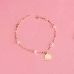 Pulsera Oro 18k chapa redonda disco 10 mm. perlas 3.5 mm. cadena forz