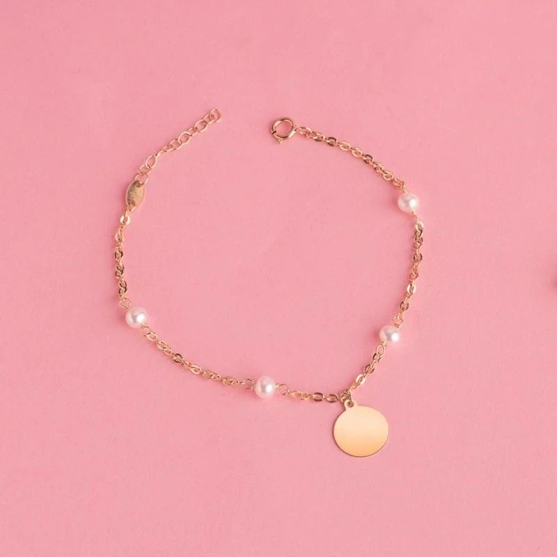 Pulsera Oro 18k chapa redonda disco 10 mm. perlas 3.5 mm. cadena forz