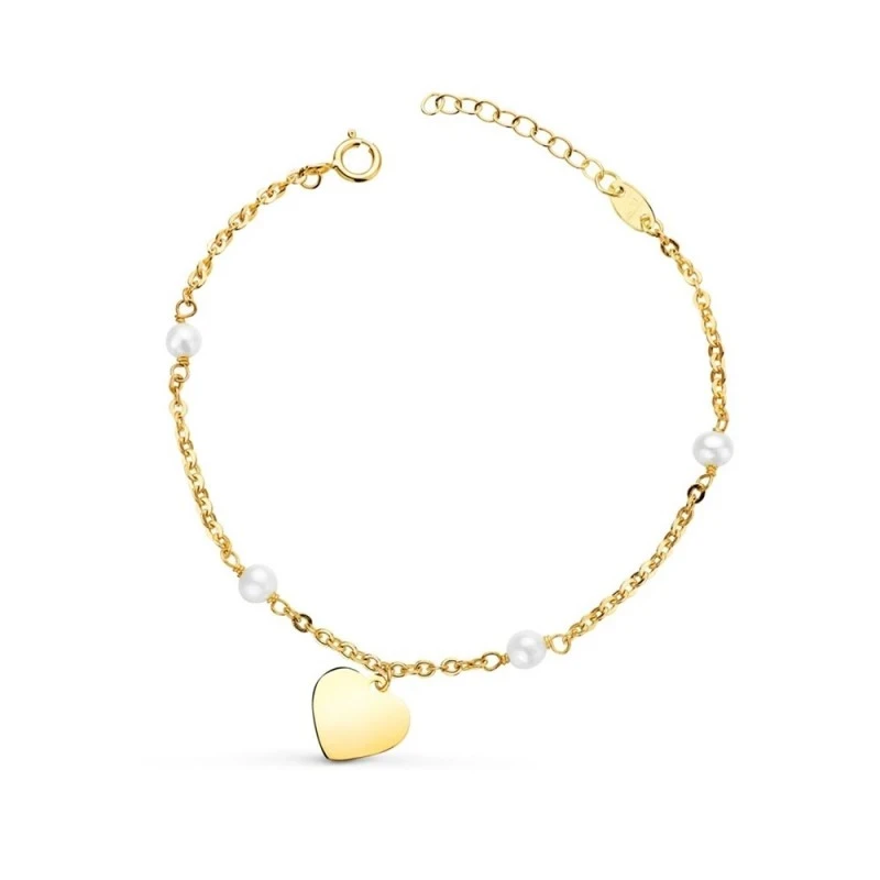 Pulsera Oro 18k chapa corazón 10 mm. perlas 3.5 mm. cadena forzada 15