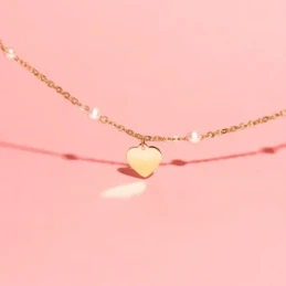 Pulsera Oro 18k chapa corazón 10 mm. perlas 3.5 mm. cadena forzada 15