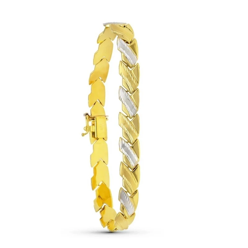 Pulsera Oro 18k bicolor estampación detalles tallados mate brillo