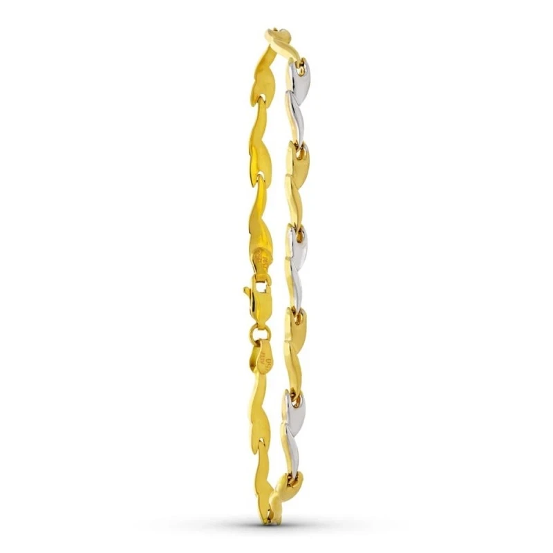 Pulsera Oro 18k bicolor eslabones forma hoja estampación