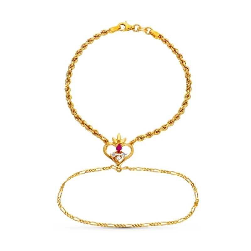 Pulsera Oro 18k dedo motivo corazón rubí circonitas