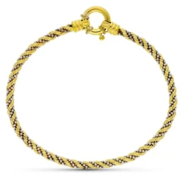 Pulsera Oro 18k bicolor cordón cadena bolitas blancas 3.5 mm.