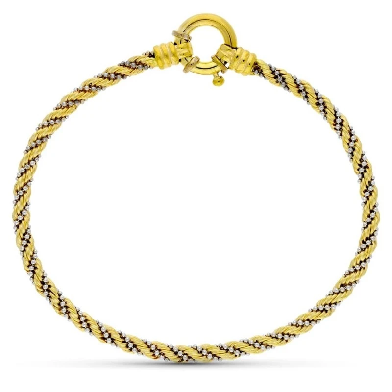 Pulsera Oro 18k bicolor cordón cadena bolitas blancas 3.5 mm.