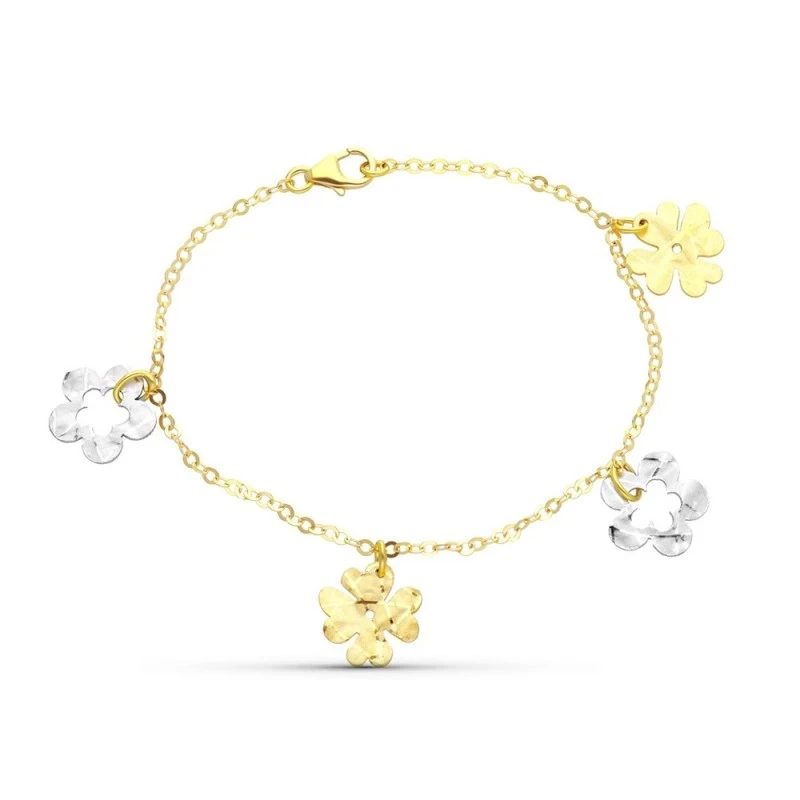 Pulsera Oro 18k bicolor 17 cm. motivo flores centro calado