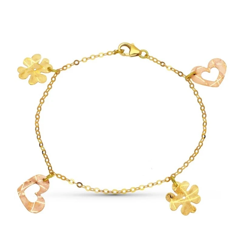 Pulsera Oro 18k bicolor motivo flores corazones centro calado fetiche