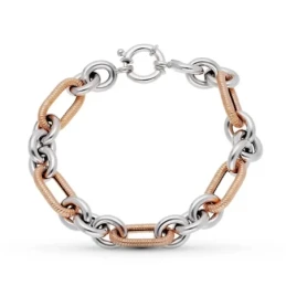 Pulsera Oro 18k bicolor eslabones redondos lisos alargados detalles